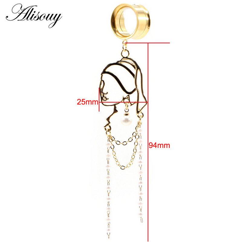 Alisouy 2 bucăți din oțel inoxidabil pentru fată pentru femeie, lanț de perle pandantiv, dopuri pentru urechi, tunel expansor, calibre, piercing, bijuterii pentru corp