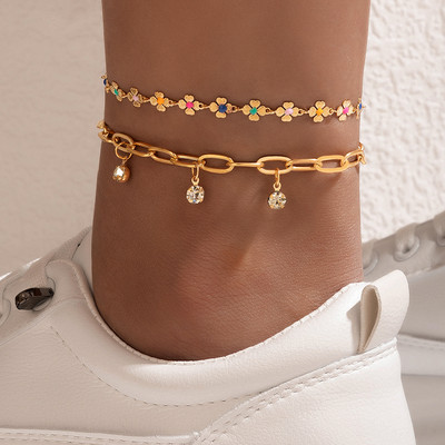 ToconaCharms Key Anklet Wafer Shiny Rhinestone Foot Chain Регулируеми бохемски бижута Подарък за жени Мъже 2 бр./компл. 21476