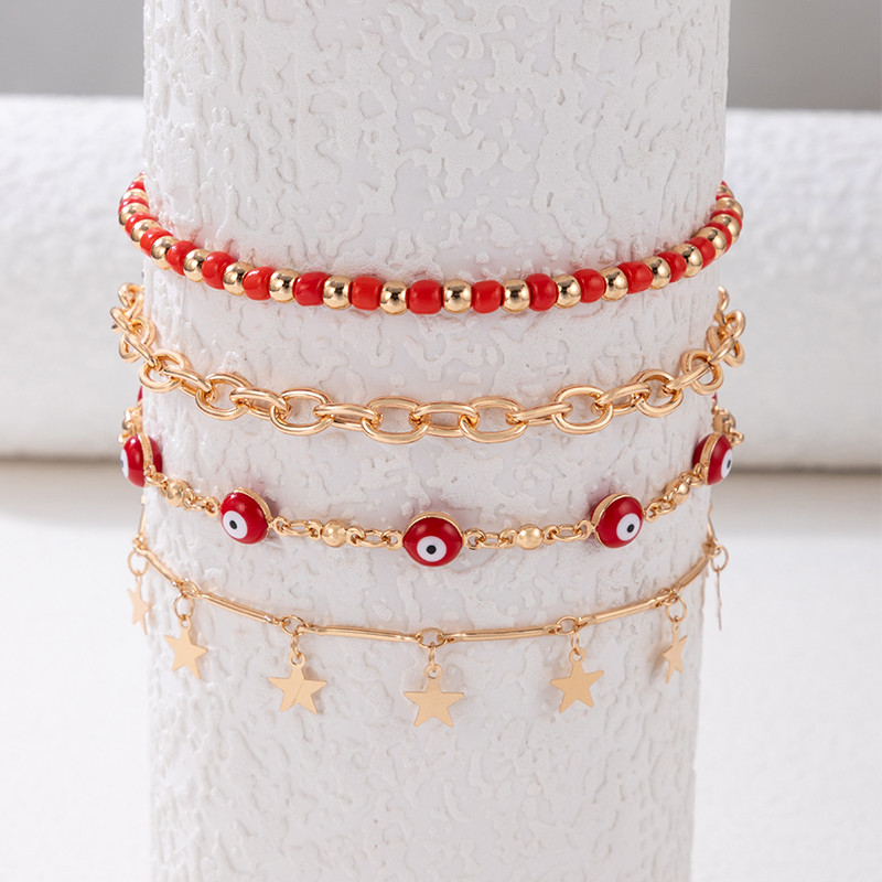 Tocona Elegant Red Beads Star Bojt 4db/szett Bokalánc Női Ethnic Drop Oil Geometry Ötvözet Lánc Ékszer Kiegészítők 22921