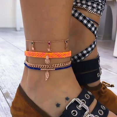 Tocona Bohemian Pineapple Wing Star Charms kulkšnys moterims Boho rankomis austos virvės apyrankė ant kojos Etniniai papuošalai 9144