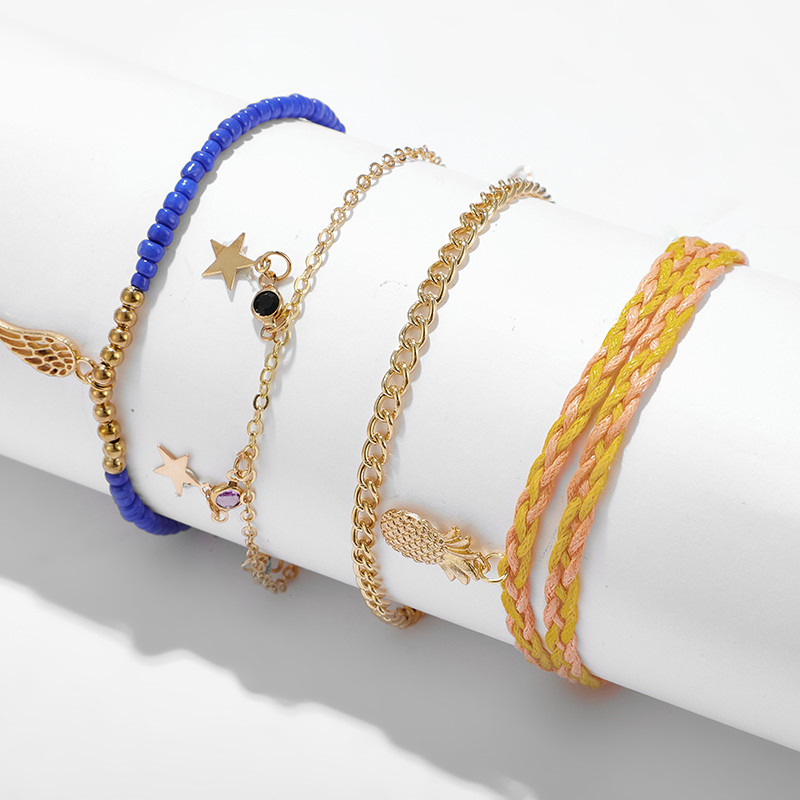 Tocona Bohemian Pineapple Wing Star Charms Brelocuri pentru femeie Boho Brățară frânghie țesută manual pe picior Bijuterii etnice 9144