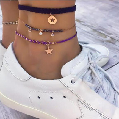 Tocona 3Set Vintage Metal Hollow Stars Anklet set Boho Ethnic Color Rope Anklets for Women Water Drop Drill Jewelry 8605