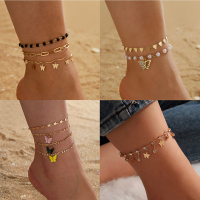 Tocona Boemia colorată fluture mărgele gleznele pentru femei farmec picătură de apă cu strasuri picior lanț accesorii bijuterii de vară