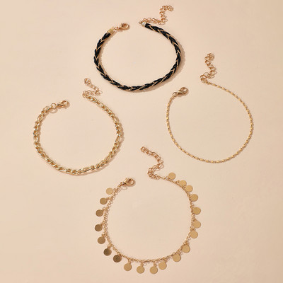 Tocona 4 buc/seturi glezne boeme cu ciucuri pentru femei Funie neagra aliaj metal culoare auriu lant picioare reglabil bijuterii de vara 14120