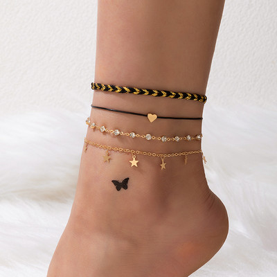 Tocona 4 buc/seturi glezne boeme cu ciucuri pentru femei Funie neagra aliaj metal culoare auriu lant picioare reglabil bijuterii de vara 14120