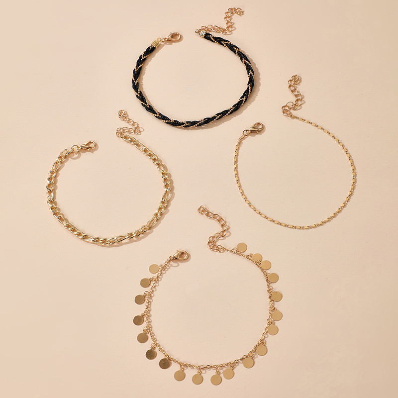 Tocona 4 buc/seturi glezne boeme cu ciucuri pentru femei Funie neagra aliaj metal culoare auriu lant picioare reglabil bijuterii de vara 14120