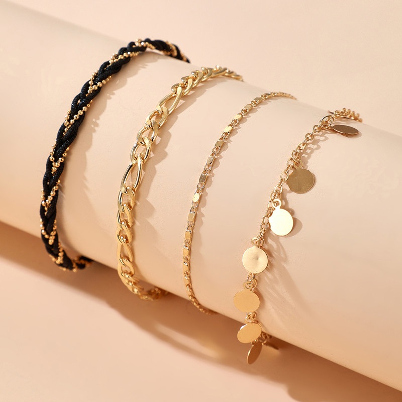 Tocona 4 buc/seturi glezne boeme cu ciucuri pentru femei Funie neagra aliaj metal culoare auriu lant picioare reglabil bijuterii de vara 14120