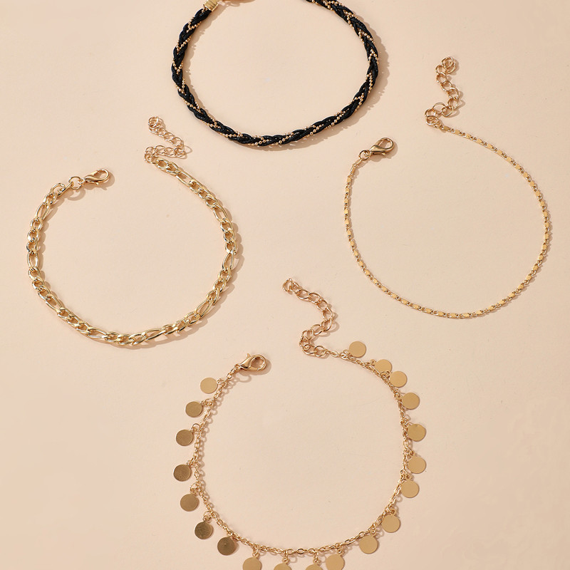 Tocona 4 buc/seturi glezne boeme cu ciucuri pentru femei Funie neagra aliaj metal culoare auriu lant picioare reglabil bijuterii de vara 14120