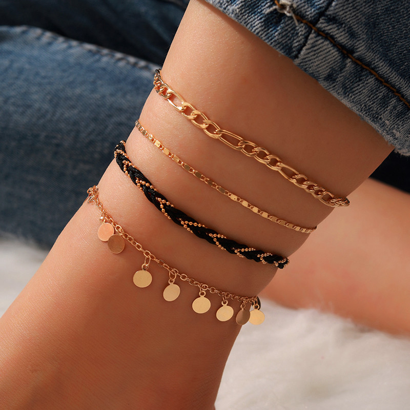 Tocona 4 buc/seturi glezne boeme cu ciucuri pentru femei Funie neagra aliaj metal culoare auriu lant picioare reglabil bijuterii de vara 14120