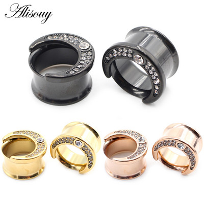 Alisouy 2db 6-25mm Rozsdamentes acél Horn Moon Cirkon Fülcsatornák Dugók Bővítők Hordágy Mérők Fülbevaló Piercing Testékszerek