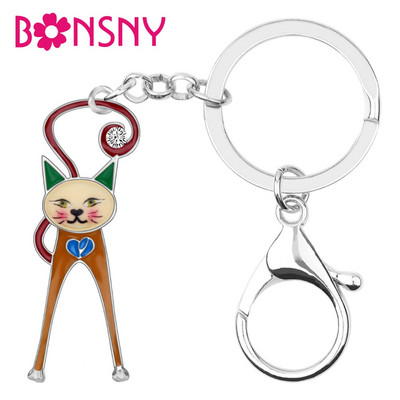 Bonsny Enamel Alloy Rhinestone Kitten Cat Keychains Keychians Crystal Animal Jewelry For Women Girls Bag Car Wallet Charms Gift