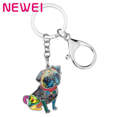 NEWEI Enamel Alloy Rhinestone Bulldog Pug Dog Ключодържатели Пръстени Портмоне за кола Чанта Ключодържател с животни За жени Момиче Мъже Декорация Подарък