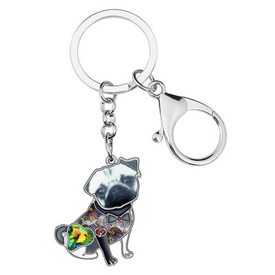 NEWEI Emajl Legura Rhinestone Bulldog Pug Dog Privjesci Prstenovi Auto Torbica Torba Životinjski Privjesak Za Žene Djevojke Muškarci Dekoracija Poklon