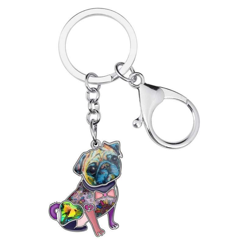 NEWEI Emajl Legura Rhinestone Bulldog Pug Dog Privjesci Prstenovi Auto Torbica Torba Životinjski Privjesak Za Žene Djevojke Muškarci Dekoracija Poklon