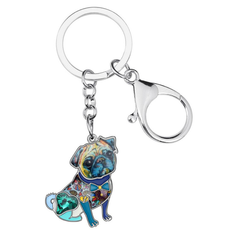 NEWEI Emajl Legura Rhinestone Bulldog Pug Dog Privjesci Prstenovi Auto Torbica Torba Životinjski Privjesak Za Žene Djevojke Muškarci Dekoracija Poklon