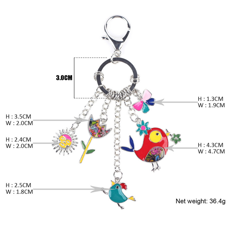 Bonsny Emajl Legura Crtić Ptica Sunce Cvijet Privjesak za ključeve Privjesak za ključeve Slatke životinje Modni nakit za žene Djevojke Poklon torba za automobil