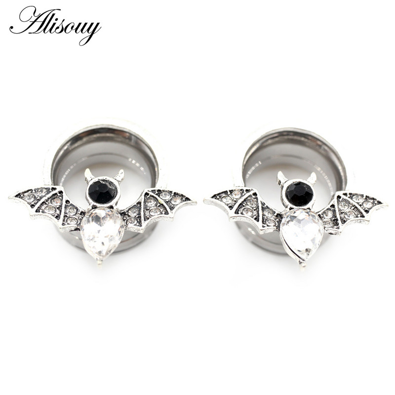 Alisouy 2 kom Vodena kap od nehrđajućeg čelika Cirkon Šišmiš Tuneli za uši Čepovi za proširenje Nosila Mjerači Naušnice Piercing Nakit za tijelo