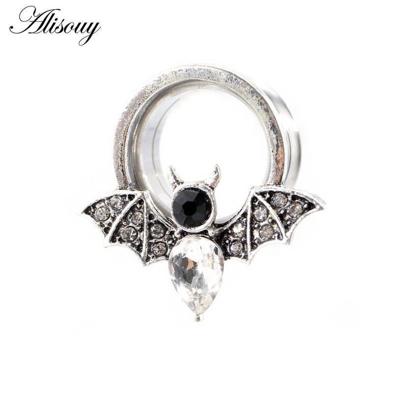 Alisouy 2 kom Vodena kap od nehrđajućeg čelika Cirkon Šišmiš Tuneli za uši Čepovi za proširenje Nosila Mjerači Naušnice Piercing Nakit za tijelo
