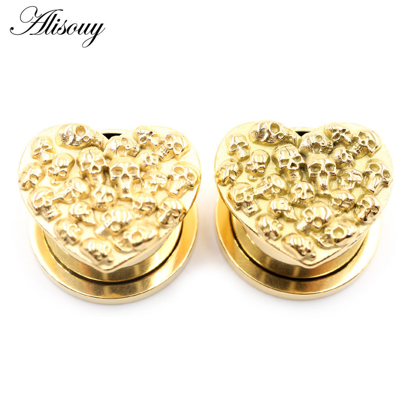 Alisouy 1db 8-16 mm-es rozsdamentes acél szív koponya cérna fülcsatornák dugó hústágító hordágy mérők piercing test ékszer