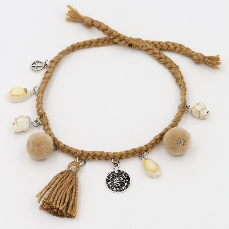 Női boho ékszerek Kézzel szőtt kötél kagylóbojttal Természetes kő Állítható bokaláb karkötő Strand kiegészítők