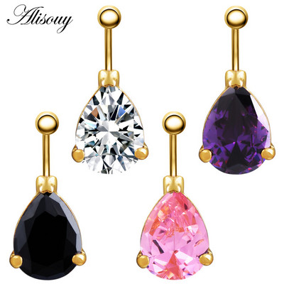 Alisouy 1PC Sexy Zircon CZ Waterdrop Belly Button Ring Танцуващ пиърсинг Бижута за тяло Хирургически пръстен от неръждаема стомана за корем и пъп