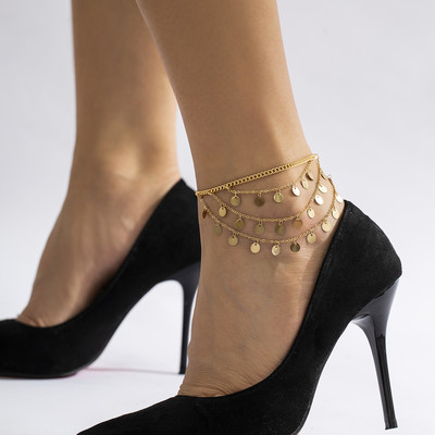 IngeSight.Z Brațe de gleznă cu pantofi cu toc înalt cu paiete metalice cu mai multe straturi pentru femei Punk de vară Brățări de gleznă cu lanț desculț
