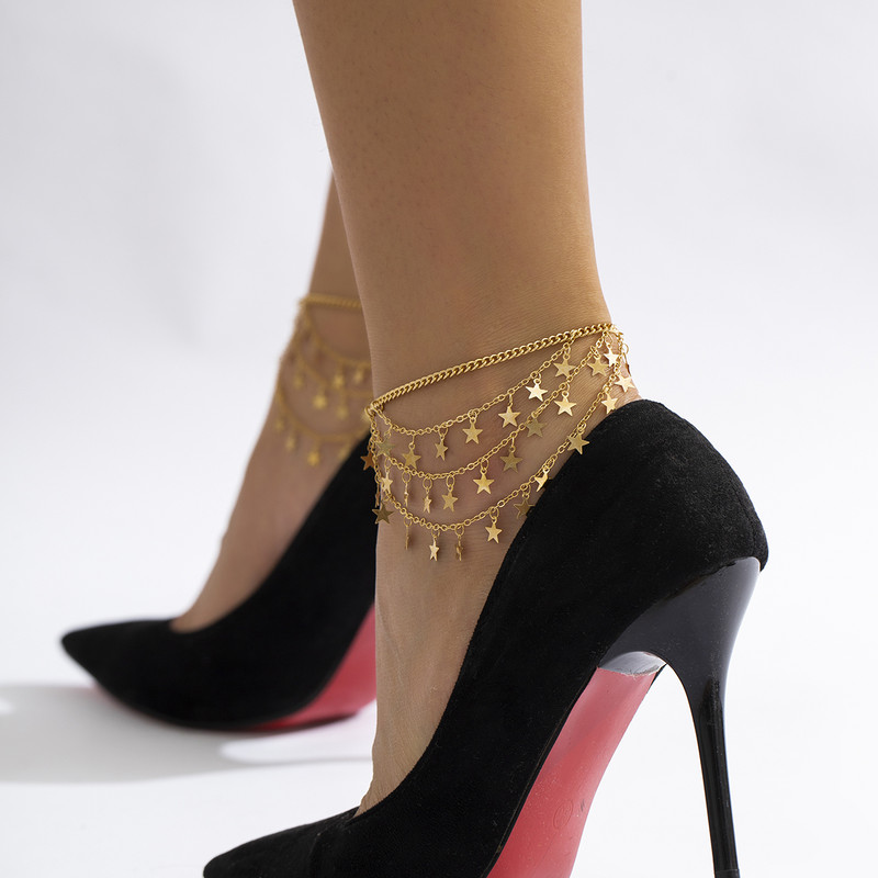 IngeSight.Z Brațe de gleznă cu pantofi cu toc înalt cu paiete metalice cu mai multe straturi pentru femei Punk de vară Brățări de gleznă cu lanț desculț