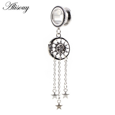 Alisouy 1 buc Retro din oțel inoxidabil Sun Moon Star Lanț pandantiv dopuri pentru urechi Tuneluri Expander Stretchers Calibre Piercing Bijuterii pentru corp