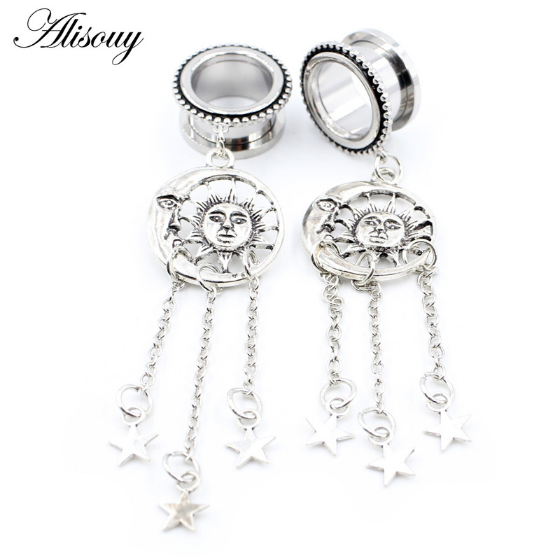 Alisouy 1 buc Retro din oțel inoxidabil Sun Moon Star Lanț pandantiv dopuri pentru urechi Tuneluri Expander Stretchers Calibre Piercing Bijuterii pentru corp