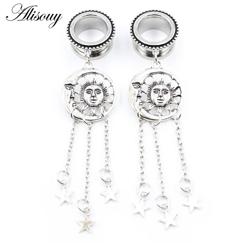 Alisouy 1 buc Retro din oțel inoxidabil Sun Moon Star Lanț pandantiv dopuri pentru urechi Tuneluri Expander Stretchers Calibre Piercing Bijuterii pentru corp
