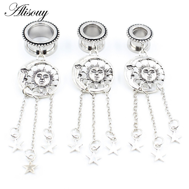 Alisouy 1 buc Retro din oțel inoxidabil Sun Moon Star Lanț pandantiv dopuri pentru urechi Tuneluri Expander Stretchers Calibre Piercing Bijuterii pentru corp