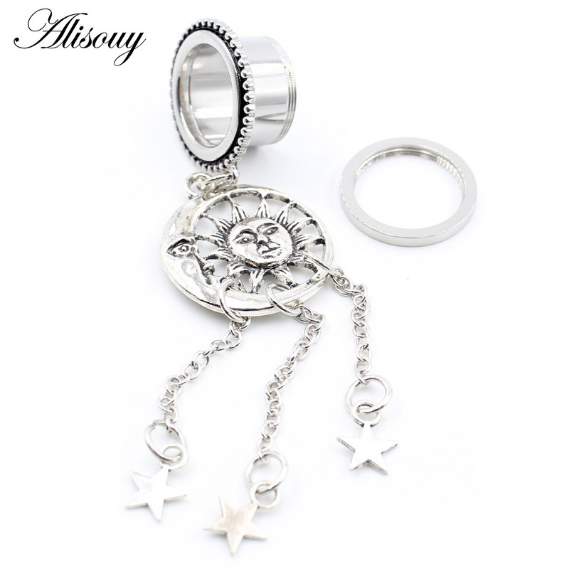 Alisouy 1 buc Retro din oțel inoxidabil Sun Moon Star Lanț pandantiv dopuri pentru urechi Tuneluri Expander Stretchers Calibre Piercing Bijuterii pentru corp