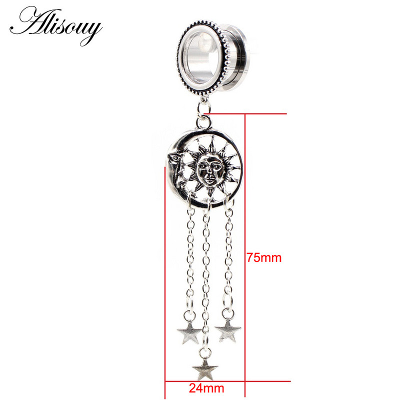 Alisouy 1 buc Retro din oțel inoxidabil Sun Moon Star Lanț pandantiv dopuri pentru urechi Tuneluri Expander Stretchers Calibre Piercing Bijuterii pentru corp