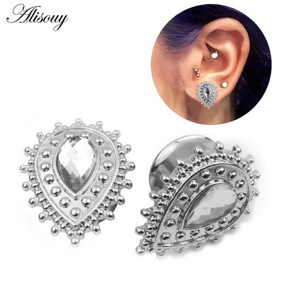 Alisouy 2 komada čepića za uši Sjedište od nehrđajućeg čelika Dizajn kapi vode Kameni tuneli od mesa Ekspander za uši Mjerači za piercing Nakit za tijelo