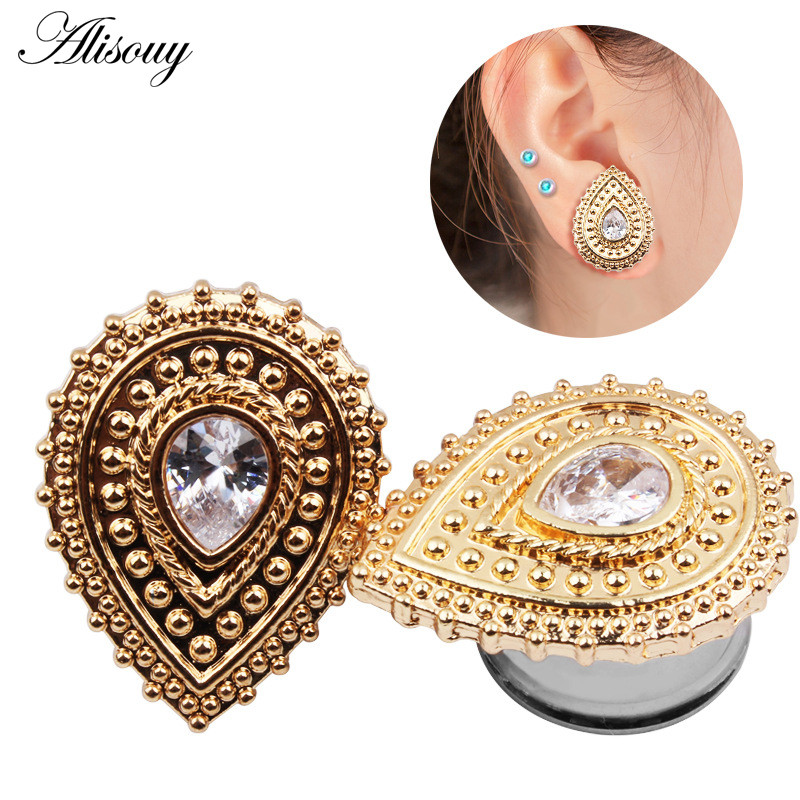 Alisouy 2 komada čepića za uši Sjedište od nehrđajućeg čelika Dizajn kapi vode Kameni tuneli od mesa Ekspander za uši Mjerači za piercing Nakit za tijelo