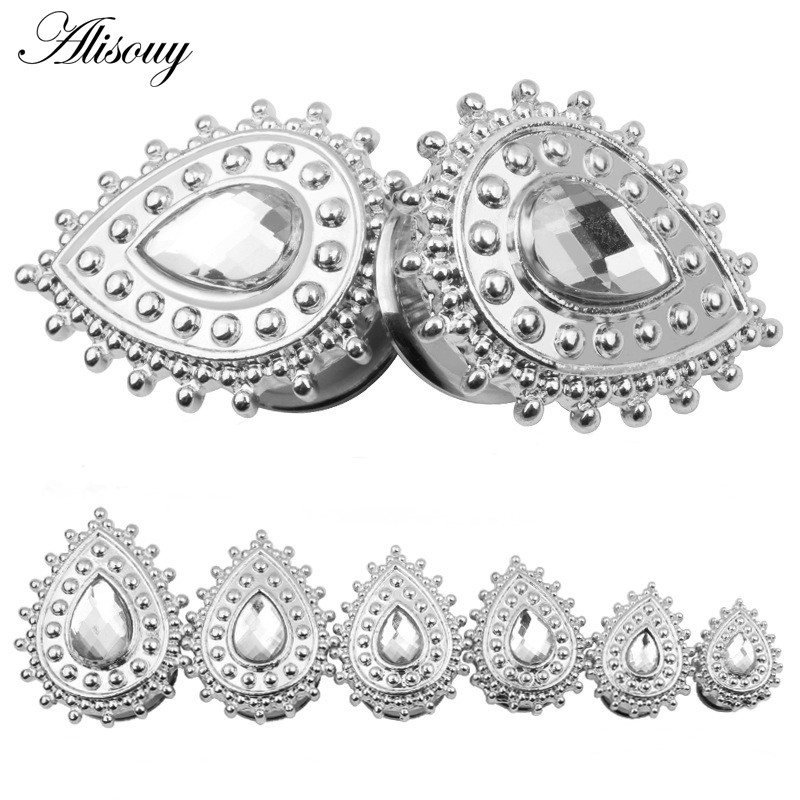 Alisouy 2 komada čepića za uši Sjedište od nehrđajućeg čelika Dizajn kapi vode Kameni tuneli od mesa Ekspander za uši Mjerači za piercing Nakit za tijelo