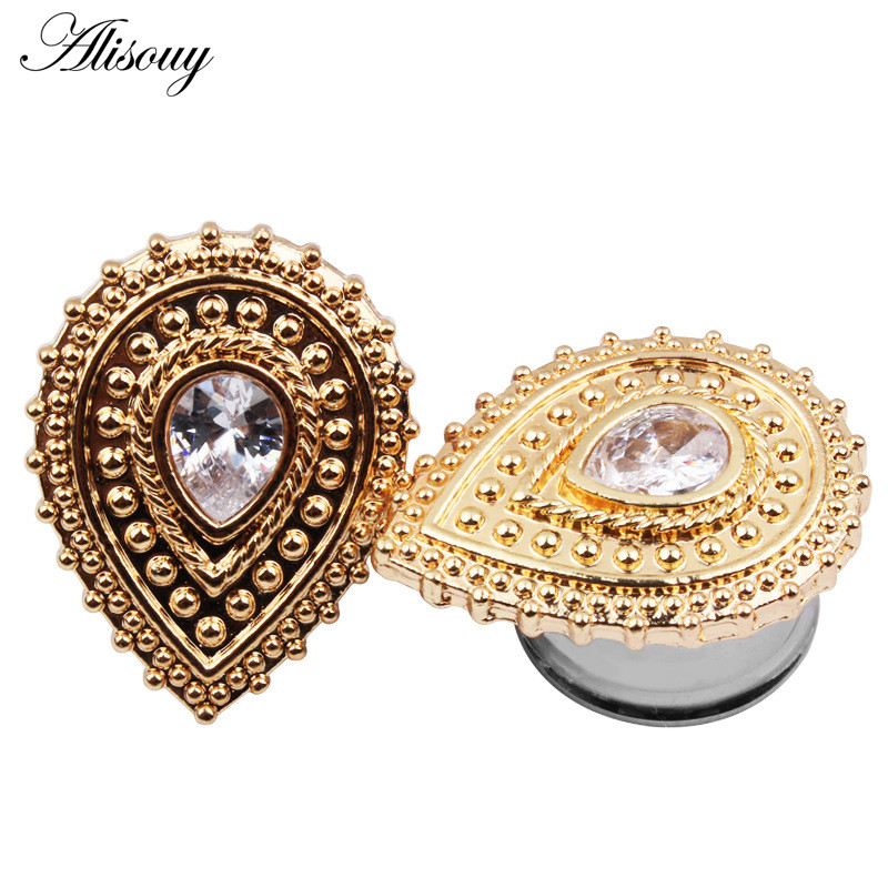 Alisouy 2 komada čepića za uši Sjedište od nehrđajućeg čelika Dizajn kapi vode Kameni tuneli od mesa Ekspander za uši Mjerači za piercing Nakit za tijelo