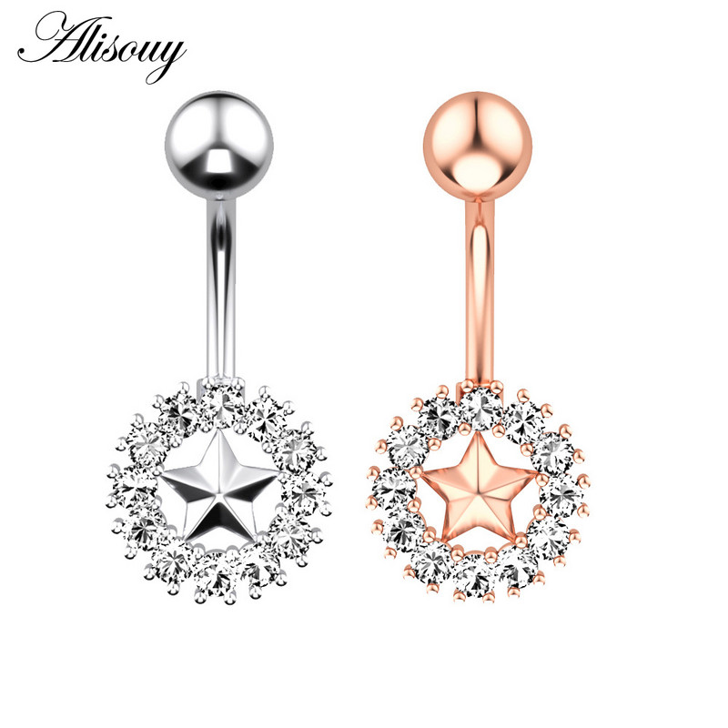 Alisouy 1 kom Kristalni kirurški čelik Cirkon Zvijezda Leptir Mjesec Kamenje Viseće dugme Prsten za piercing za pupak Prsten za trbuh Nakit za tijelo