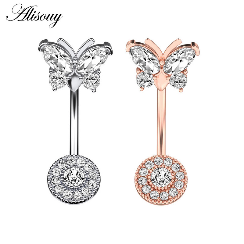 Alisouy 1 kom Kristalni kirurški čelik Cirkon Zvijezda Leptir Mjesec Kamenje Viseće dugme Prsten za piercing za pupak Prsten za trbuh Nakit za tijelo