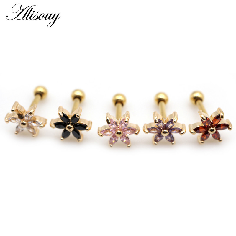 Alisouy 2 buc. Flori mici CZ Tragus Cartilage Rook Helix Snug Conch Cercei 16G Prong Zircon Monroe 16G Tragus Piercing ureche