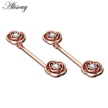 Alisouy 2бр. 14G секси дамски пръстени за зърна с форма на розово цвете, циркон, щит за зърната, мряна, пиърсинг от неръждаема стомана, бижута за тяло