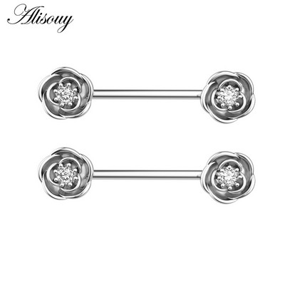 Alisouy 2 τμχ 14G Sexy Women Δαχτυλίδια Θηλών Ροζ Σχήμα λουλουδιών Ζιργκόν Θηλή Ασπίδα Μπάρα Μπάρα από ανοξείδωτο ατσάλι Κόσμημα για διάτρηση σώματος