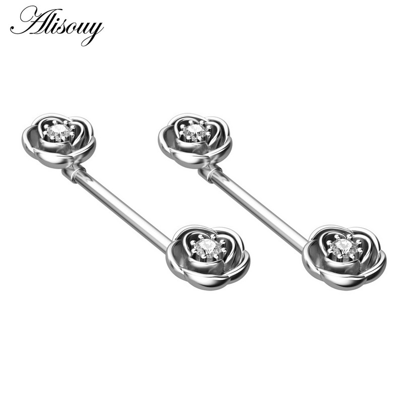 Alisouy 2 τμχ 14G Sexy Women Δαχτυλίδια Θηλών Ροζ Σχήμα λουλουδιών Ζιργκόν Θηλή Ασπίδα Μπάρα Μπάρα από ανοξείδωτο ατσάλι Κόσμημα για διάτρηση σώματος