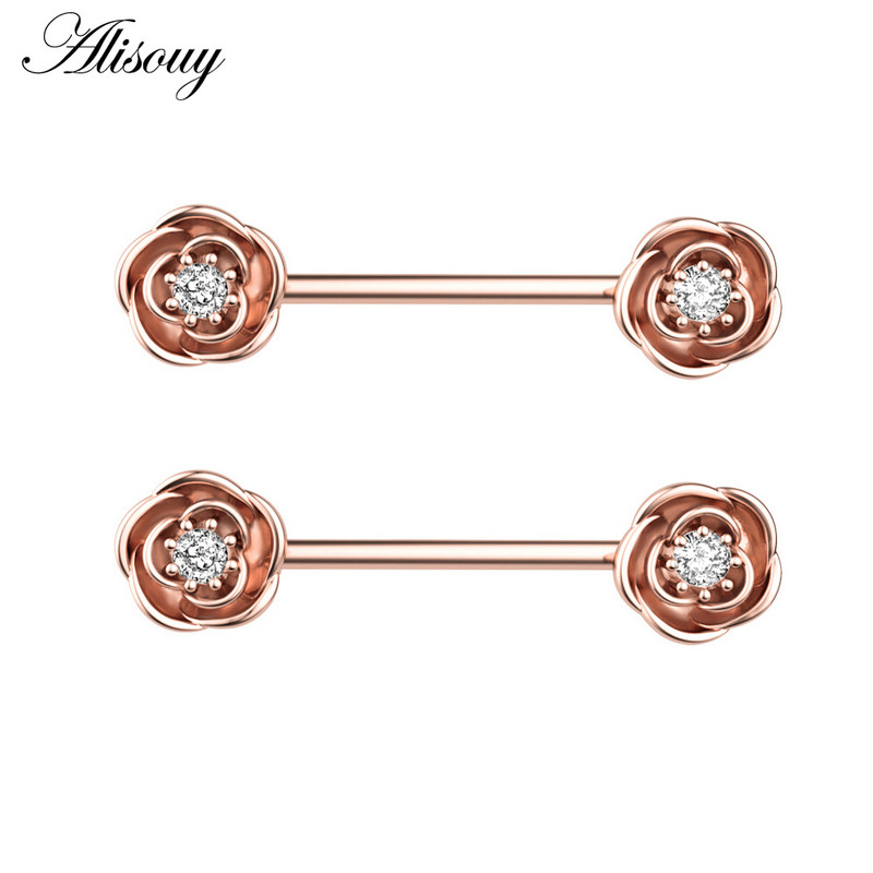 Alisouy 2 τμχ 14G Sexy Women Δαχτυλίδια Θηλών Ροζ Σχήμα λουλουδιών Ζιργκόν Θηλή Ασπίδα Μπάρα Μπάρα από ανοξείδωτο ατσάλι Κόσμημα για διάτρηση σώματος