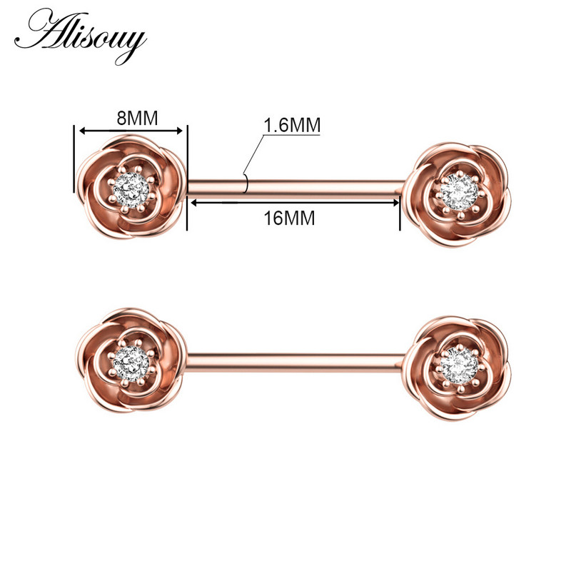 Alisouy 2 τμχ 14G Sexy Women Δαχτυλίδια Θηλών Ροζ Σχήμα λουλουδιών Ζιργκόν Θηλή Ασπίδα Μπάρα Μπάρα από ανοξείδωτο ατσάλι Κόσμημα για διάτρηση σώματος