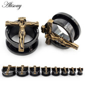 Alisouy 2τμχ 8-25mm Μαύρος Σταυρός από ανοξείδωτο ατσάλι Jesus Ξεβιδώστε Σήραγγες αυτιού Βύσματα Expander Φορείο Gauges Body Piercing Jewelry