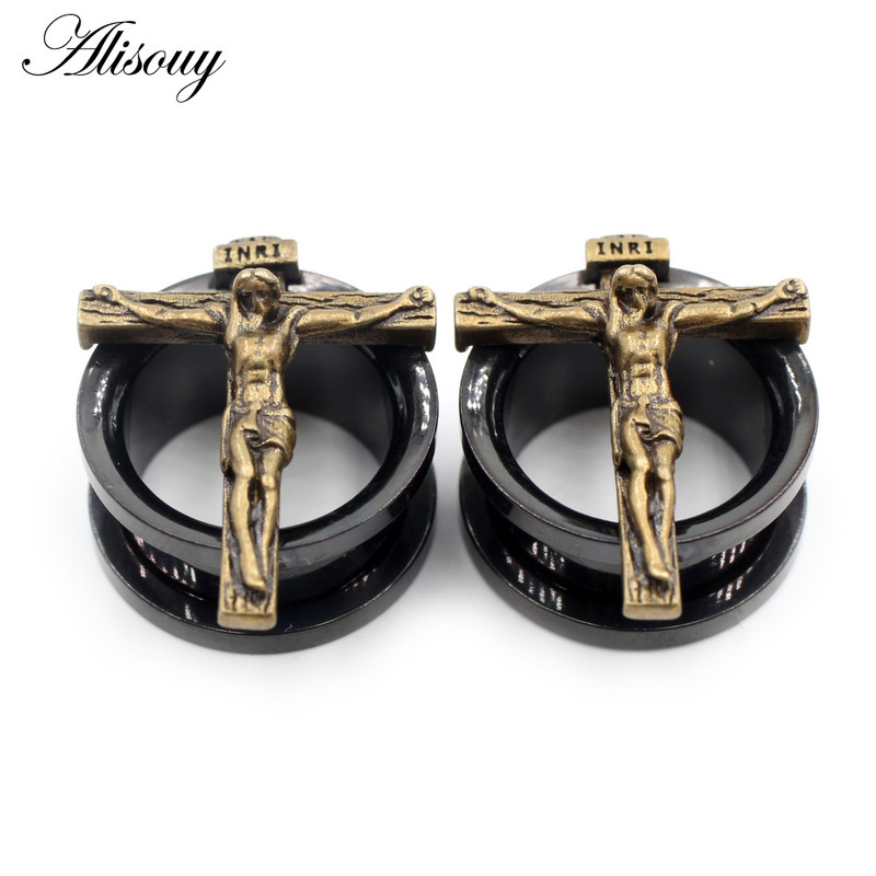 Alisouy 2τμχ 8-25mm Μαύρος Σταυρός από ανοξείδωτο ατσάλι Jesus Ξεβιδώστε Σήραγγες αυτιού Βύσματα Expander Φορείο Gauges Body Piercing Jewelry