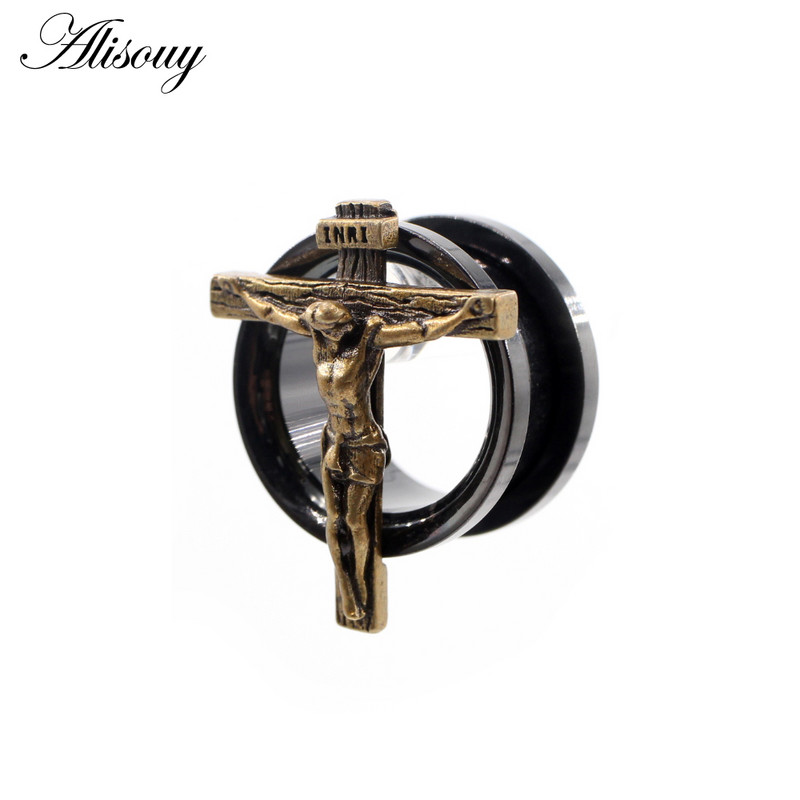 Alisouy 2τμχ 8-25mm Μαύρος Σταυρός από ανοξείδωτο ατσάλι Jesus Ξεβιδώστε Σήραγγες αυτιού Βύσματα Expander Φορείο Gauges Body Piercing Jewelry