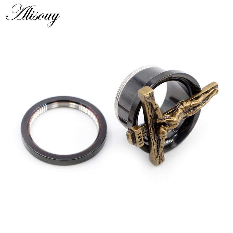 Alisouy 2τμχ 8-25mm Μαύρος Σταυρός από ανοξείδωτο ατσάλι Jesus Ξεβιδώστε Σήραγγες αυτιού Βύσματα Expander Φορείο Gauges Body Piercing Jewelry