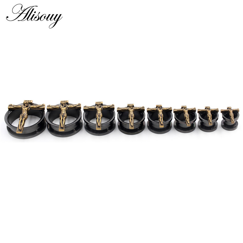 Alisouy 2τμχ 8-25mm Μαύρος Σταυρός από ανοξείδωτο ατσάλι Jesus Ξεβιδώστε Σήραγγες αυτιού Βύσματα Expander Φορείο Gauges Body Piercing Jewelry